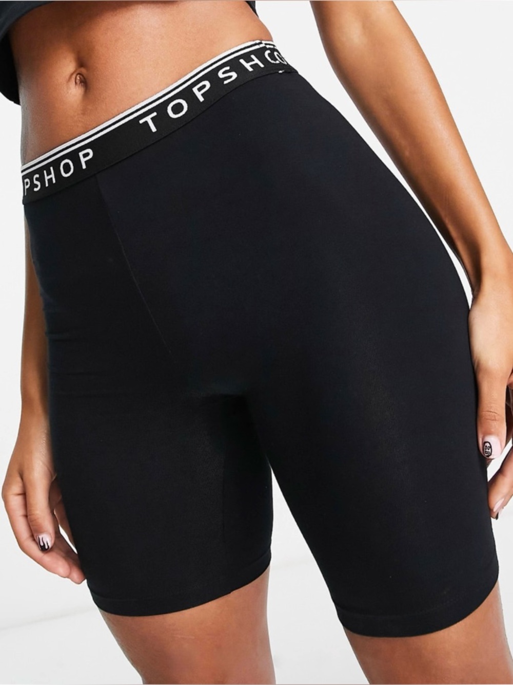 TOPSHOP High Rise Bike Shorts with Logo Waistband - Black Size 6 / Small
